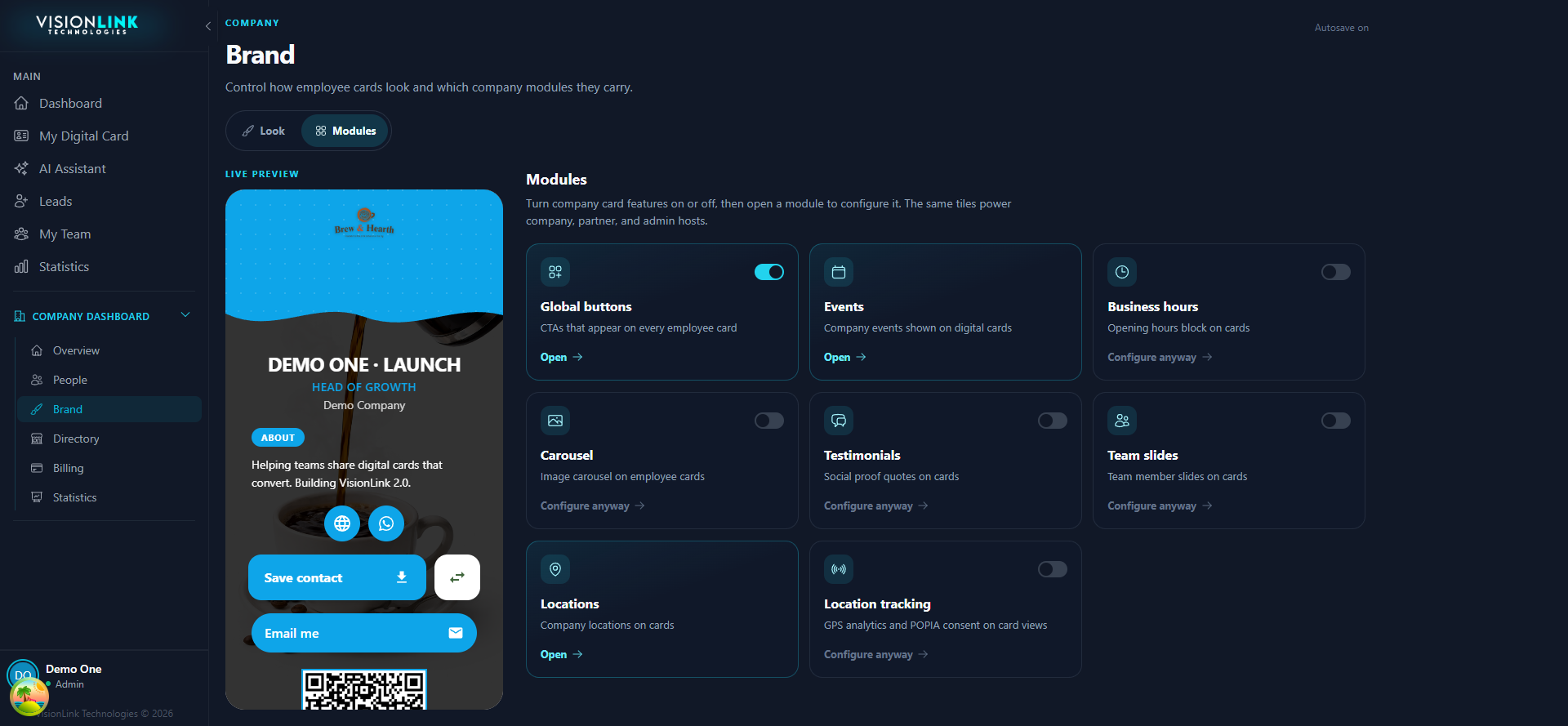 Company brand modules grid with toggles for global buttons, events, business hours, and more
