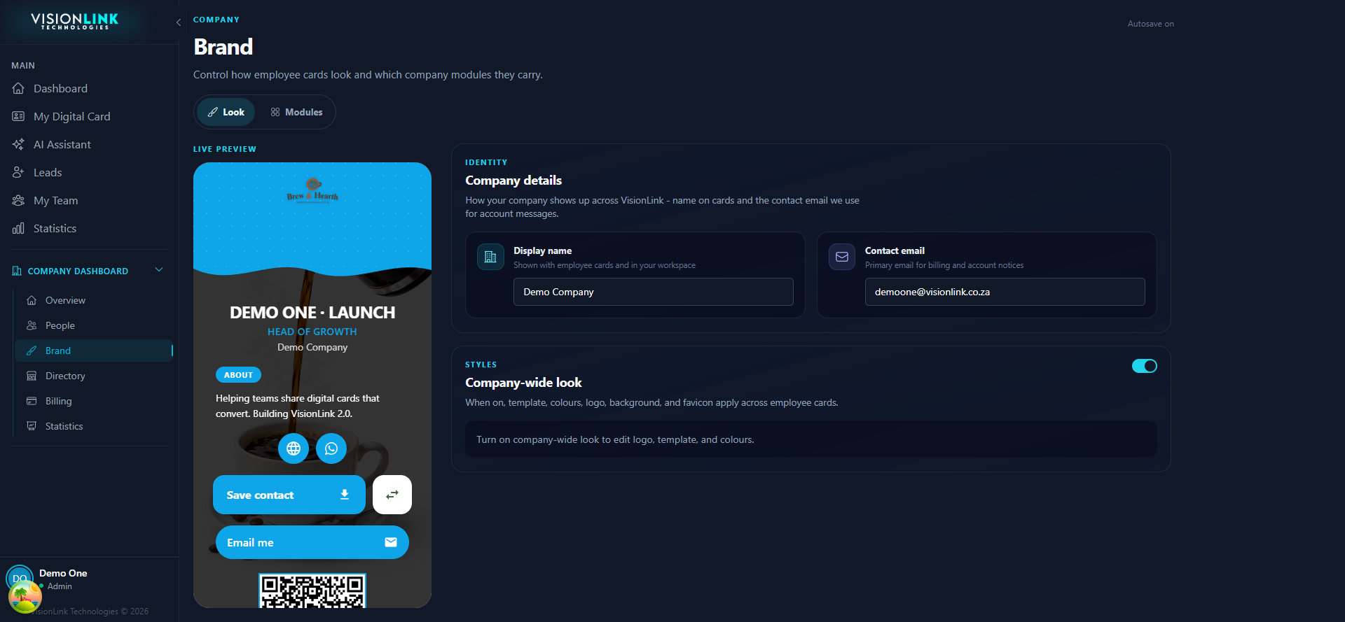 Brand Look tab showing company details and a company-wide look toggle beside a live card preview