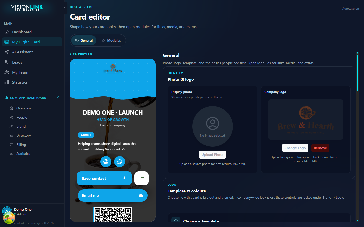 The VisionLink card editor with the General tab open and a live preview on the left
