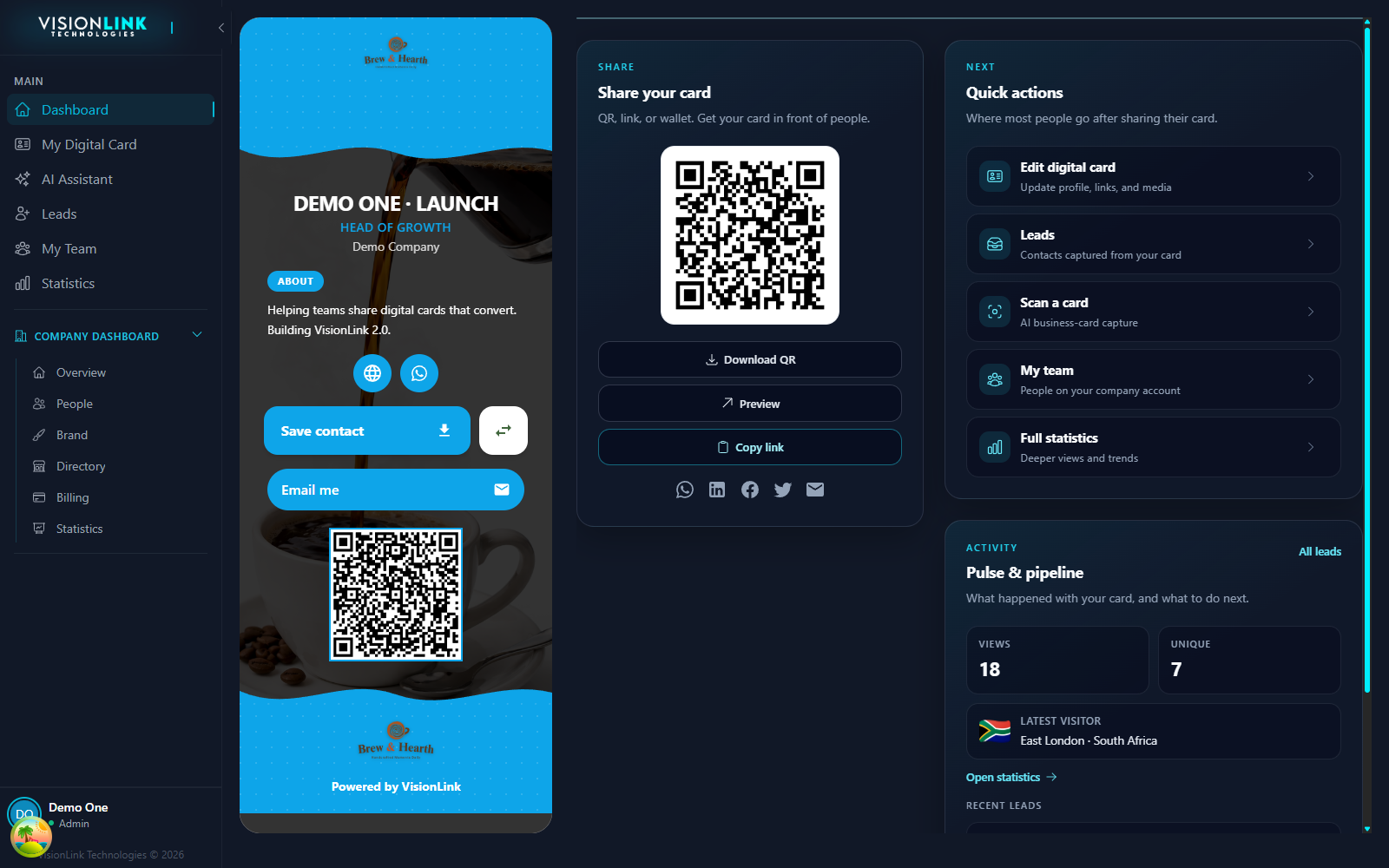 Dashboard home with a live card preview, share tools, and quick actions