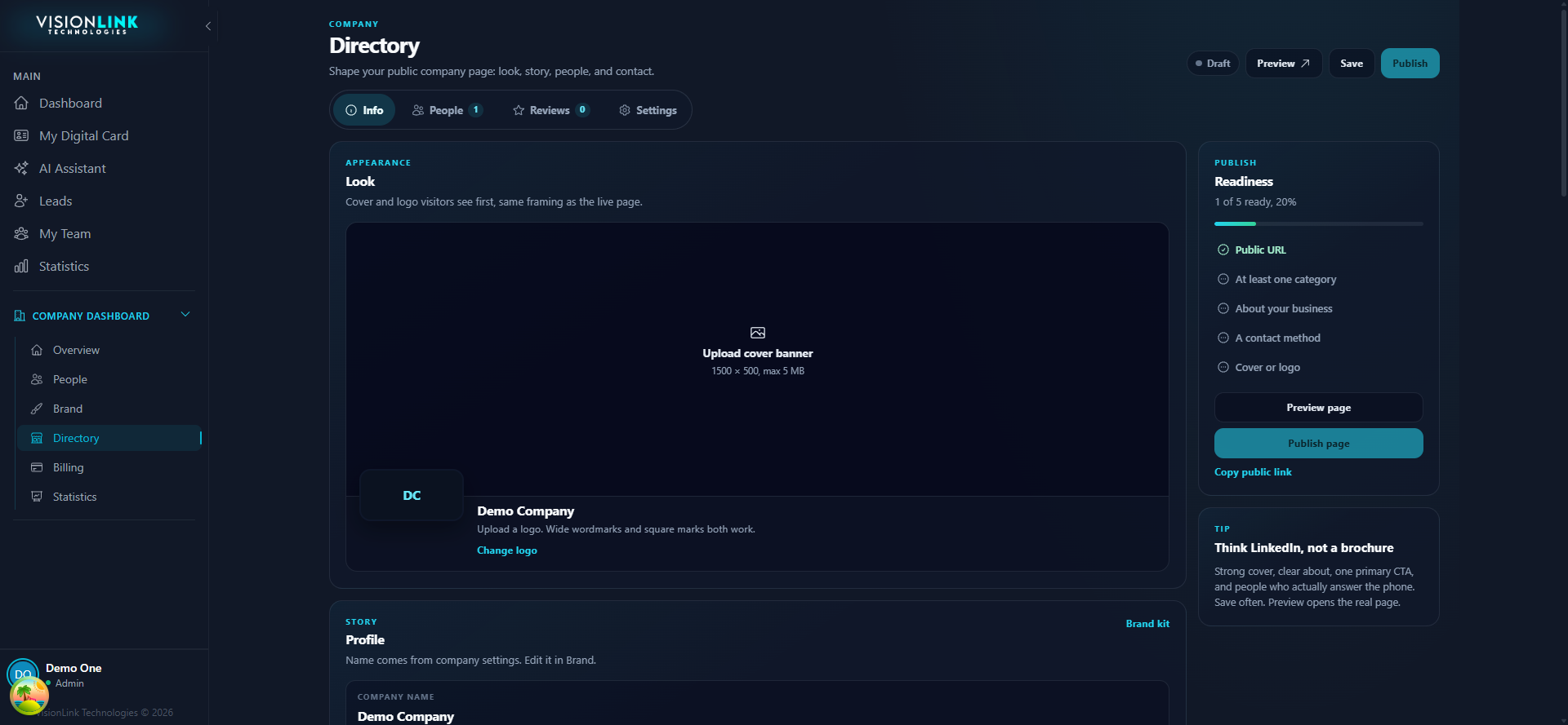 Directory editor with info, people, reviews, and settings tabs beside a readiness checklist