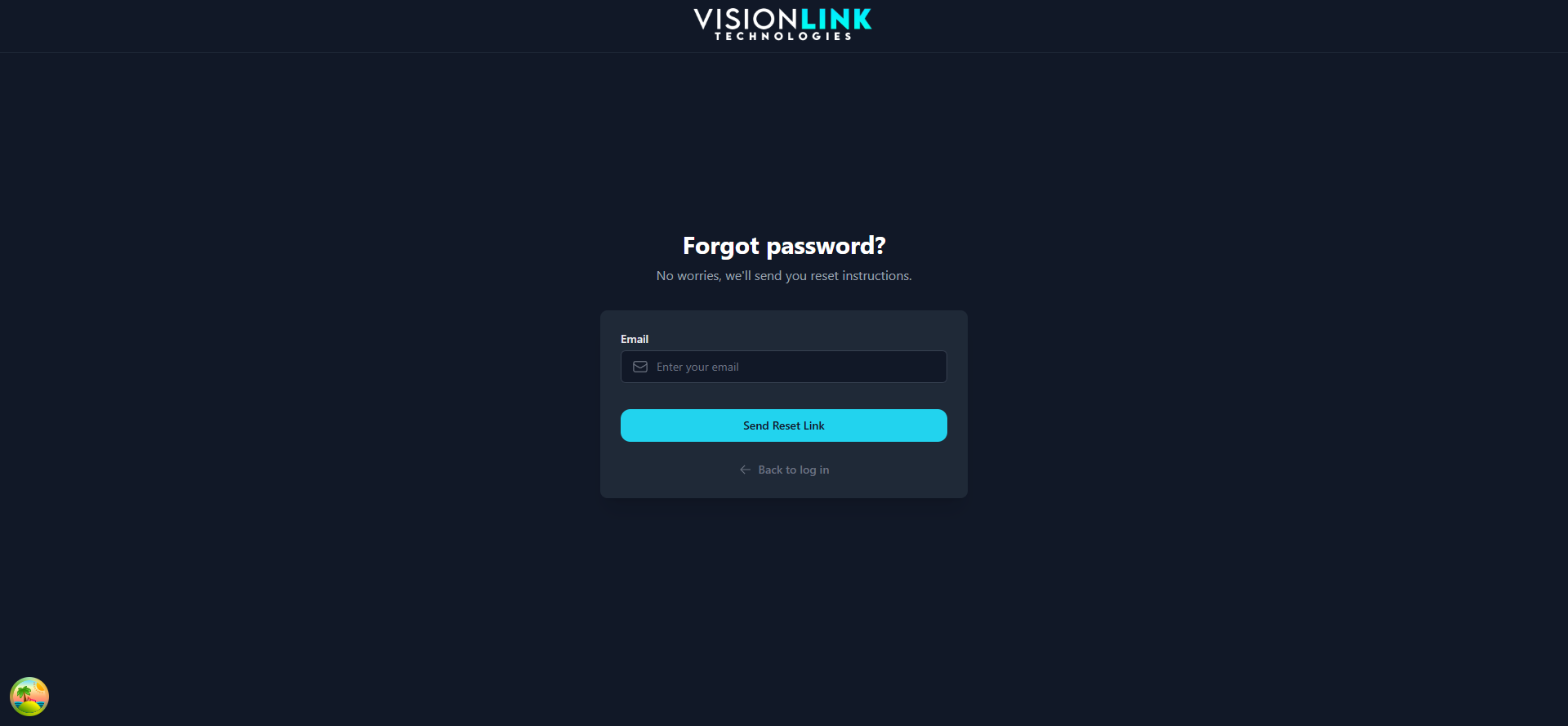 Forgot password screen with an email field and a send reset link button