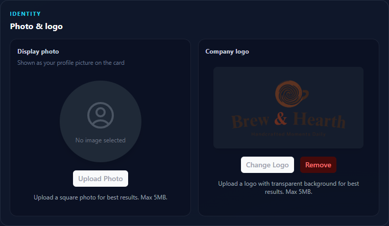 Photo and logo panel with a display photo drop zone and a company logo
