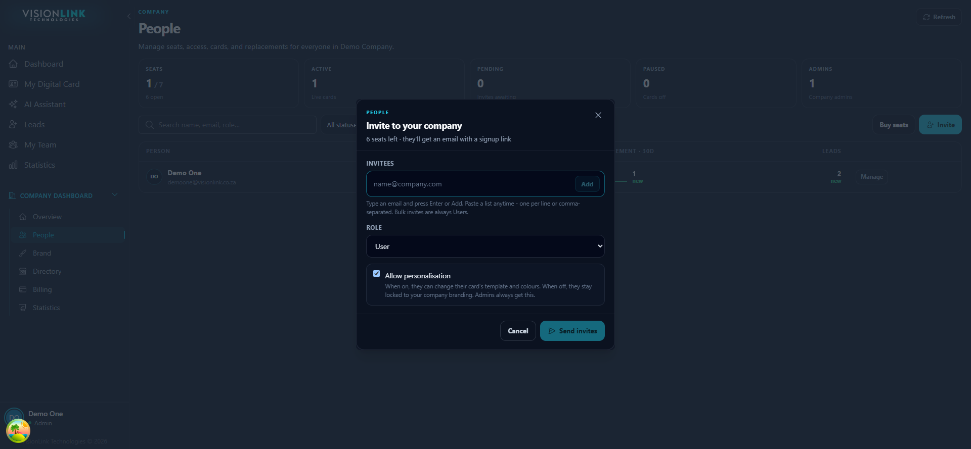 Invite dialog with an invitees field, a role dropdown, and an allow personalisation checkbox
