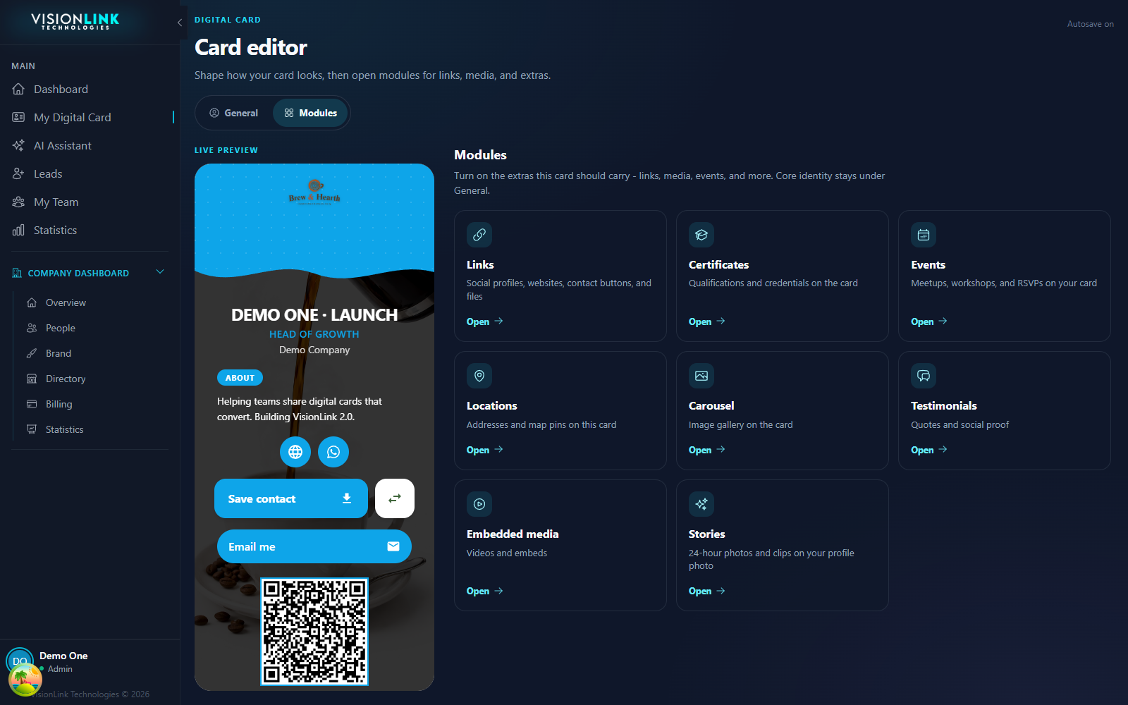 Card modules catalog with tiles for links, certificates, events, locations, carousel, testimonials, embedded media, and stories