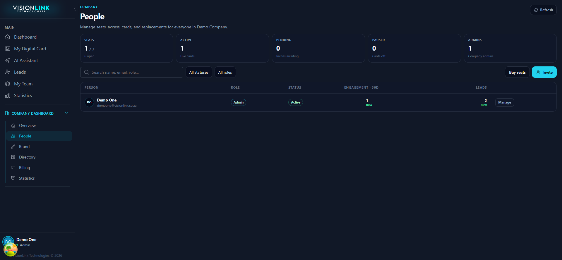 People page showing seats, active, pending, paused, and admin counts above a member table