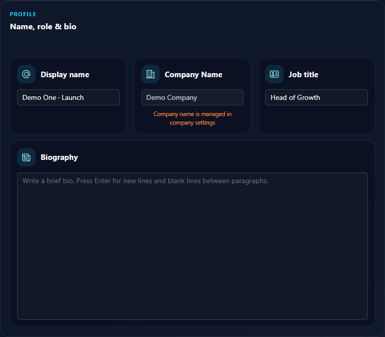 Display name, company name, job title, and biography fields