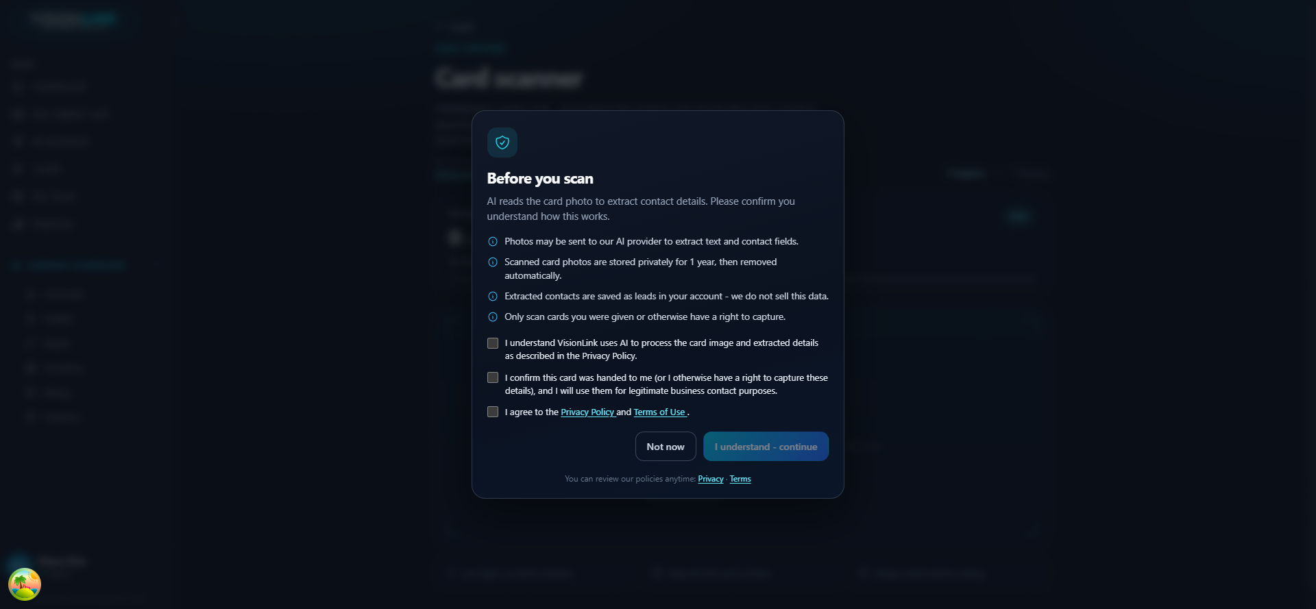 Consent dialog explaining how scanned card photos are processed, stored, and used