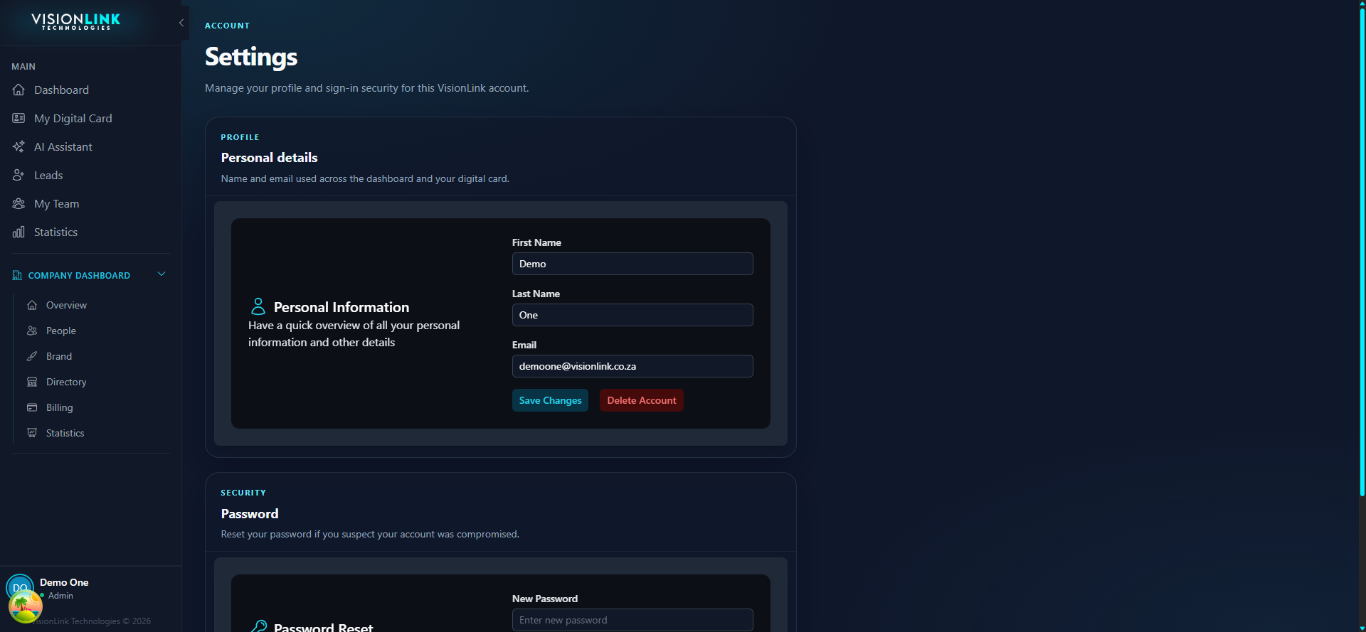 Account settings with personal details above a security section containing password reset