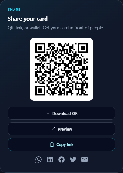 Share your card panel with a QR code, Download QR, Preview, and Copy link buttons