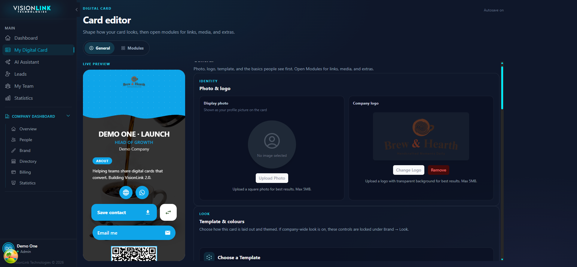Card editor look section with template and colour controls under Choose a Template